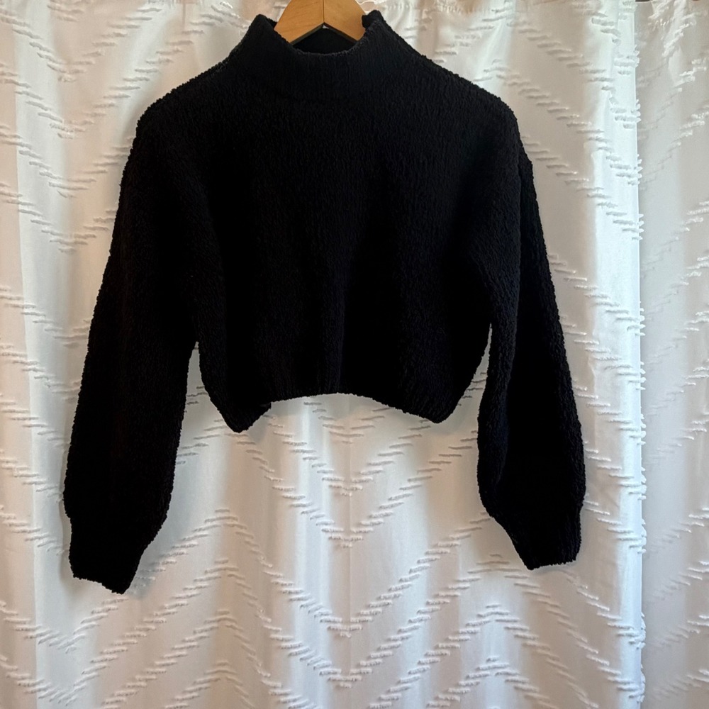 Superdown Black Teddy Cropped Sweater Mock Neck Balloon Sleeve Small RN132829